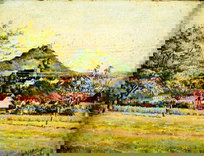 Vintage mid 20C German oil painting signed: ARTIST: - (Germany, mid 20 century) TITLE: Hechingen, Germany (titled on verso) YEAR: 1945 MEDIUM: oil on canvas. Canvas applied to board. CONDITION: F
