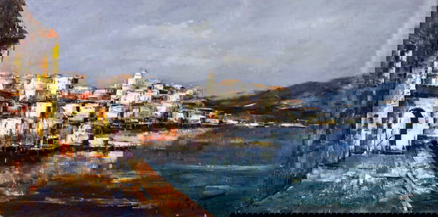 Friedrich Karl Thauer (Germany,1924-2009) oil painting: ARTIST: Friedrich Karl Thauer (Germany, 1924 - 2009) TITLE: Coastal Landscape, San Remo, Italy (titled on verso) MEDIUM: oil on canvas CONDITION: Unstretched (In-House str