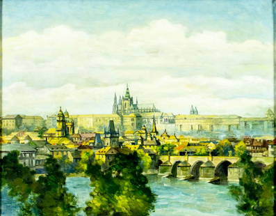 Emanuel Knizek (Czech,1889-1959) oil painting: ARTIST: Emanuel Knizek (Czech Republic, 1889 - 1959) TITLE: Prague Cityscape, Czech Republic MEDIUM: oil on canvas CONDITION: One small scratch by the lower edge. Some cra