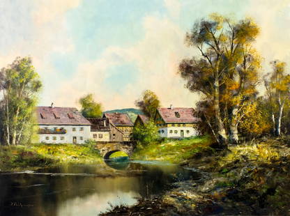 Joseph Fruhmesser (Austria,Germany,1928-1995) oil painting: ARTIST: Joseph Josef Fruhmesser (Austrian, German, 1928 - 1995) TITLE: Village River Landscape MEDIUM: oil on canvas CONDITION: Unstretched (In-House stretching available)