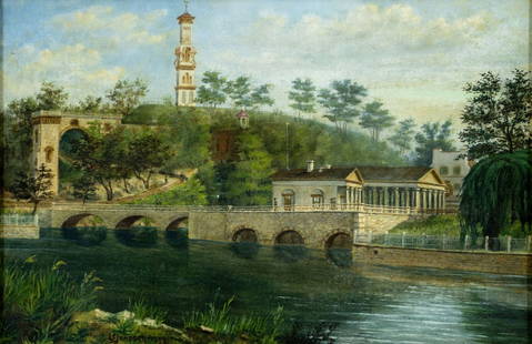 L C Janssen (PA,early 20C) oil painting antique: ARTIST: L C Janssen (Pennsylvania, early 20 century) TITLE: Fairmount Reservoir, PA (titled on verso) YEAR: 1909 MEDIUM: oil on canvas CONDITION: Relined