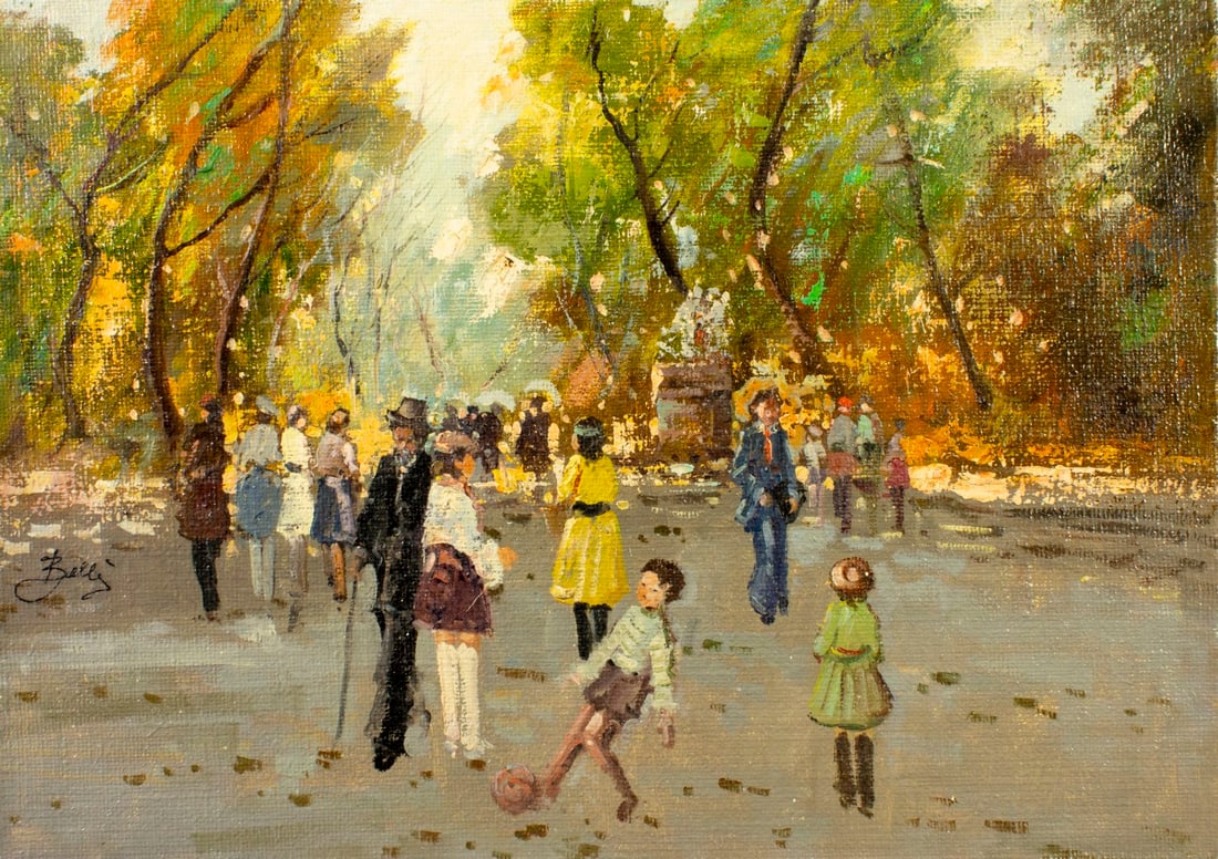 Belli (Europe,20C) oil painting: ARTIST: Belli (European, 20 century) TITLE: Park Scene MEDIUM: oil on canvas CONDITION: Unstretched (In-House stretching available). Few minor paint losses. No visible inpai