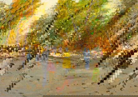 Belli (Europe,20C) oil painting: ARTIST: Belli (European, 20 century) TITLE: Park Scene MEDIUM: oil on canvas CONDITION: Unstretched (In-House stretching available). Few minor paint losses. No visible inpaint under UV light. ART
