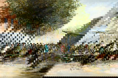 Bernard Slotman (Dutch,1929-?) oil painting: ARTIST: Bernard Hendrik Slotmann (Netherlands, 1929 - ???) TITLE: Market Scene MEDIUM: oil on canvas CONDITION: Unstretched (In-House stretching available). Few minor pain