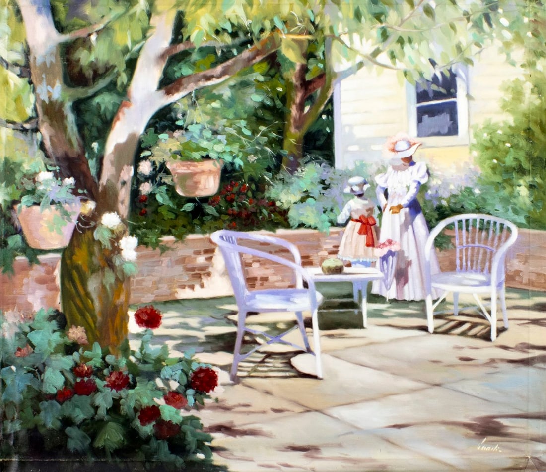 Lugano Candi (Italy,Argentina,NY,b 1948) oil painting: ARTIST: Lugano Candi (Italian, Argentinian, New York, born 1948) TITLE: Backyard Scene MEDIUM: oil on canvas CONDITION: Unstretched (In-House stretching available). Few mino