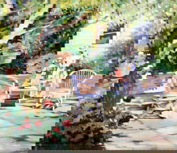 Lugano Candi (Italy,Argentina,NY,b 1948) oil painting: ARTIST: Lugano Candi (Italian, Argentinian, New York, born 1948) TITLE: Backyard Scene MEDIUM: oil on canvas CONDITION: Unstretched (In-House stretching available). Few mino