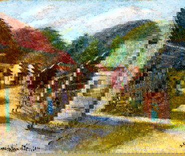 Hildegarde Hamilton (FL,VA,1898-1970) oil painting: ARTIST: Hildegarde Hume Hamilton (Florida, Virginia, 1898 - 1970) TITLE: St Lucia Cityscape MEDIUM: oil on canvas CONDITION: Missing a few flakes of paint. No visible inpaint under UV light. ART