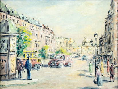 R Towers (US,mid 20C) oil painting: ARTIST: R Towers (American, mid 20 century) TITLE: Paris Cityscape MEDIUM: oil on canvas board CONDITION: Minor paint loss in lower left corner. No visible inpaint under UV