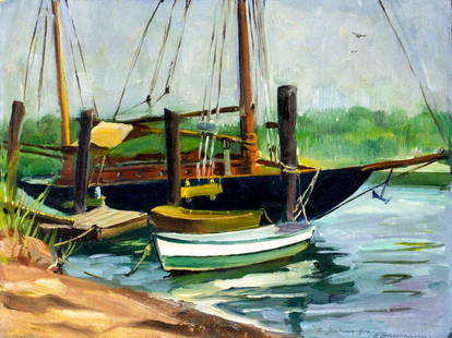 E Baumann (US,mid 20C) oil painting: ARTIST: E Baumann (American, mid 20 century) TITLE: Harbor Scene YEAR: 1946 MEDIUM: oil on canvas board CONDITION: Minor paint losses mostly along edges.
