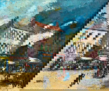 Bartolo (US,mid 20C) oil painting: ARTIST: Bartolo (American, mid 20 century) TITLE: Cityscape with Street Market MEDIUM: oil on canvas CONDITION: Few minor paint losses. Some craquelure. No visible inpaint under UV light. ART SIZE: