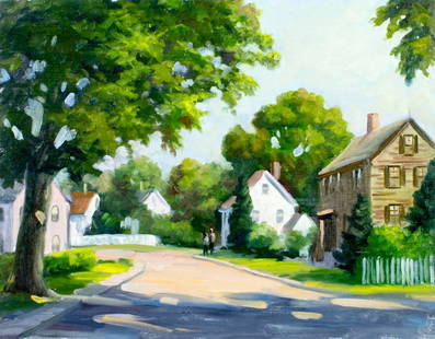 George Holloway (NJ,20C) oil painting: ARTIST: George Holloway (New Jersey, 20 century) TITLE: Town Scene MEDIUM: oil on canvas board CONDITION: Few minor scratches/paint losses. No visible inpaint under UV light. ART SIZE: 14 x 18 inches
