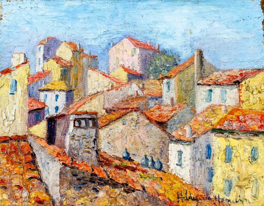 Hildegarde Hamilton (FL,VA,1898-1970) oil painting: ARTIST: Hildegarde Hume Hamilton (Florida, Virginia, 1898 - 1970) TITLE: Rooftop Cityscape MEDIUM: oil on canvas CONDITION: Some damages to the edges and corners of canvas