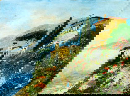 V Ricciardi (Italy,early 20C) oil painting antique: ARTIST: V Ricciardi (Italian, early 20 century) TITLE: Coastal Town Scene MEDIUM: oil on canvas. Canvas applied to board. CONDITION: Some scratches/paint losses. Some craque