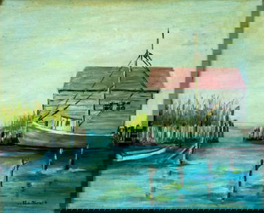 M S Disher (US,20C) oil painting: ARTIST: M S Disher (American, 20 century) TITLE: Harbor Scene MEDIUM: oil on canvas board CONDITION: Minor scratches/paint losses mostly along edges. No visible inpaint under UV light. ART SIZE: 16