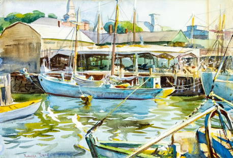 Rutledge Bate (NY,MA,1891-1964) watercolor painting: ARTIST: Rutledge Bate (New York, Massachusetts, 1891 - 1964) TITLE: Marina in Gloucester MEDIUM: watercolor on paper CONDITION: Some uneven age toning. Framed under glass. Wear to frame. ART SIZE: