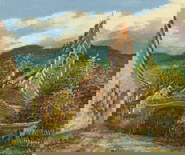 M Schony (German,1913-?) oil painting: ARTIST: M Schony (Germany, 1913 - ???) TITLE: Austrian Village Landscape MEDIUM: oil on canvas CONDITION: Unstretched (In-House stretching available). Few minor paint loss