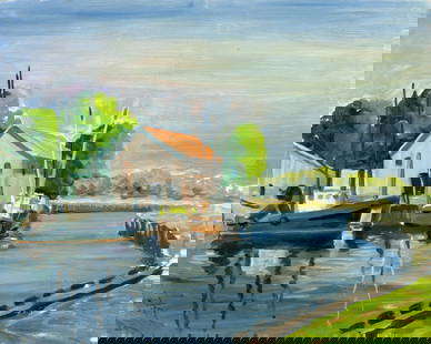 George Holloway (NJ,20C) oil painting: ARTIST: George Holloway (New Jersey, 20 century) TITLE: Harbor Scene with Boats MEDIUM: oil on board CONDITION: Minor damages to the upper corners. Minor paint losses. Few scattered minor