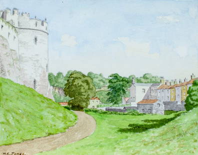 N E Jones (UK,mid 20C) watercolor painting: ARTIST: N E Jones (United Kingdom, mid 20 century) TITLE: Cityscape - Chepstow Castle, Wye Valley, Wales, UK (titled on verso) MEDIUM: watercolor on paper CONDITION: Minor age toning. ART SIZE: 8 x