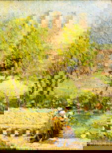 Antique early 20C European oil painting: ARTIST: - (European, early 20 century) TITLE: Park Scene MEDIUM: oil on canvas. Canvas applied to board. CONDITION: Minor paint losses. Some craquelure. No visible inpaint under UV light. Some