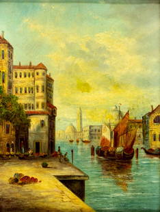 Antique 19C Italian oil painting signed: ARTIST: - (Italy, 19 century) TITLE: Venice Canal Cityscape, Italy MEDIUM: oil on canvas CONDITION: Few patches. Few small paint losses. Some scattered inpaintings. Some s