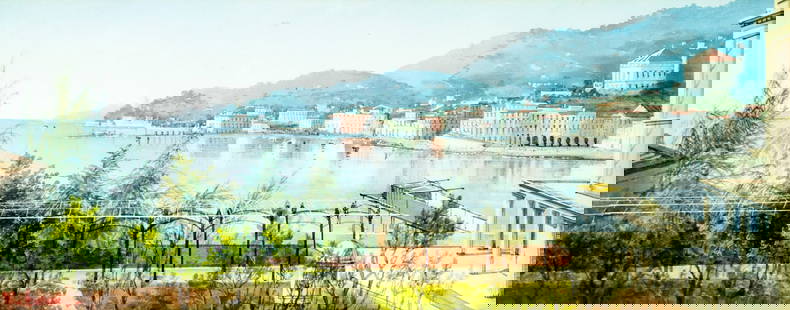 Yves Gianni (Italy,19/20C) watercolor painting antique: ARTIST: Yves Gianni (Italian, 19/20 centuries) TITLE: Coastal Cityscape MEDIUM: watercolor on paper CONDITION: Minor age toning. Framed under glass. Some small damages to fr