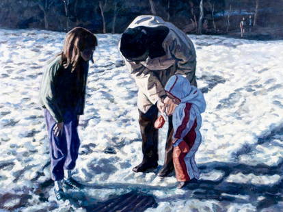 Evelyn Metzger (NY,Brazil,1911-2007) oil painting: ARTIST: Evelyn Borchard Metzger (New York, Brazilian, 1911 - 2007) TITLE: Winter Walk, Father and Children MEDIUM: oil on board CONDITION: Some scratches/paint losses mostl