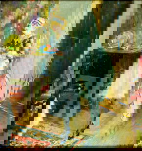 Vintage mid 20C American oil painting signed: ARTIST: - (American, mid 20 century) TITLE: Maid Serving Meal MEDIUM: oil on canvas CONDITION: Some nail holes along edges. Some paint losses. Some craquelure. Some scatte