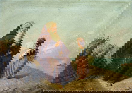 Antique 19C Italian oil painting: ARTIST: - (Italy, 19 century) TITLE: Monk and Girl MEDIUM: oil on canvas CONDITION: Missing a few flakes of paint. Normal wear along edges. No visible inpaint under UV lig
