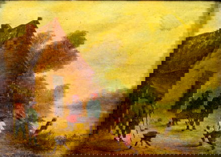 Antique 19C European oil painting: ARTIST: - (Europe, 19 century) TITLE: Village Scene MEDIUM: oil on board CONDITION: One small horizontal crack to the left edge. Few very minor paint losses. Minor craque