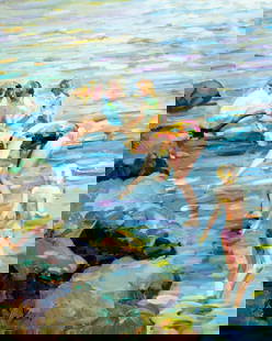 Lisandro Baylon (Argentina,US,1951-?) oil painting: ARTIST: Lisandro Lopez Baylon (Argentinian, American, 1951 - ???) TITLE: Beach Scene MEDIUM: oil on canvas CONDITION: Unstretched (In-House stretching available). Overall