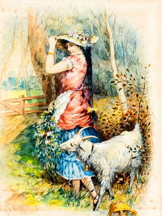 A Johnen (Europe,19C) watercolor painting antique: ARTIST: A Johnen (European, 19 century) NAME: Woman with Goat YEAR: 1898 MEDIUM: watercolor on paper CONDITION: Some age toning. Minor foxing. Framed under glass. SIGH