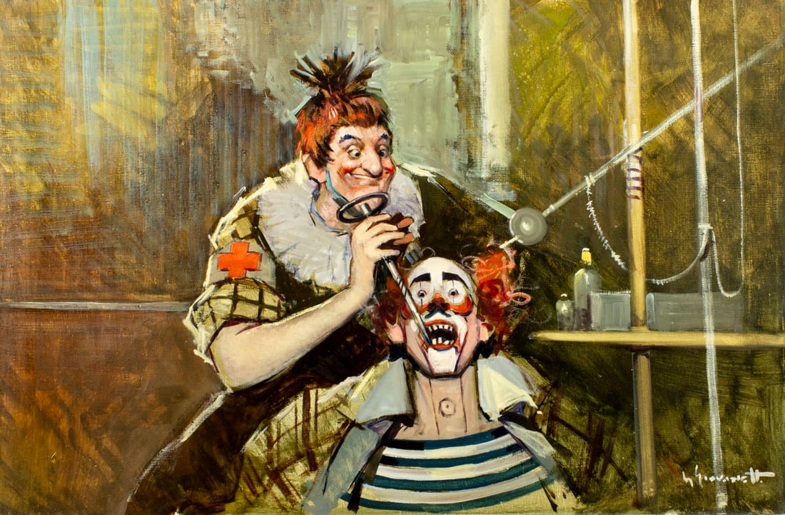 Giordano Giovanetti (Italy,1906-1973) oil painting: ARTIST: Giordano Giovanetti (Italian, 1906 - 1973) TITLE: Circus Scene MEDIUM: oil on canvas CONDITION: Unstretched (In-House stretching available). Few minor paint losses