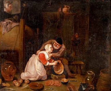 Antique 19C French oil painting: ARTIST: - (France, 19 century) TITLE: Interior Scene MEDIUM: oil on canvas CONDITION: Relined. Missing a few flakes of paint. Some craquelure. Some scattered small inpain