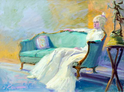 Donald Putt Putman (CA,1926-2007) oil painting: ARTIST: Donald Putt Putman (California, 1926 - 2007) TITLE: Lady in White MEDIUM: oil on canvas board CONDITION: Minor damages to corners. Some paint losses mostly by the
