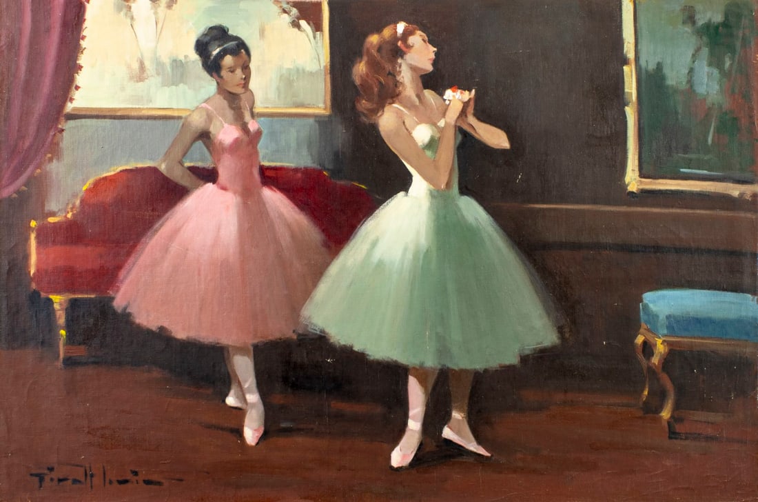 Joan Giralt Lerin (Spain,1907-?) oil painting: ARTIST: Joan Giralt Lerin (Spanish, 1907 - ???) TITLE: Two Ballerinas MEDIUM: oil on canvas CONDITION: Unstretched (In-House stretching available). Some small paint losses