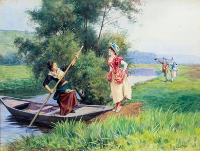 Leon Girardet (French,Swiss,1857-1895) watercolor painting antique: ARTIST: Leon Girardet (France, Switzerland, 1857 - 1895) NAME: The Ferry MEDIUM: watercolor on paper CONDITION: Minor age toning. Framed under glass. Some damages to frame. SIGHT SIZE: 13