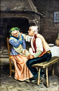 Antique 19C Italian oil painting: ARTIST: - (Italy, 19 century) NAME: Interior Scene with Old Couple MEDIUM: oil on canvas CONDITION: Very good. No visible inpaint under UV light. SIGHT SIZE: 15 x 10 inches / 38 x 25 cm