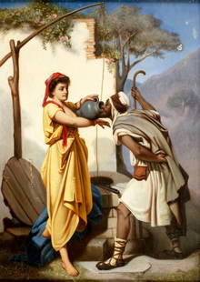 M Olivier (France,19C) oil painting antique AFTER Jean Lazerges: ARTIST: M Olivier (French, 19 century) AFTER Jean Raymond Hippolyte Lazerges (French, 1817 - 1887) TITLE: Au Puits YEAR: 1878 MEDIUM: oil on canvas CONDITION: