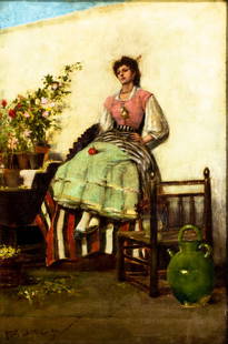 Joseph Edward Hague (UK,1855-1937) oil painting antique: ARTIST: Joseph Edward Homerville Hague (United Kingdom, 1855 - 1937) TITLE: Woman Resting in Courtyard YEAR: 1891 MEDIUM: oil on canvas CONDITION: Few