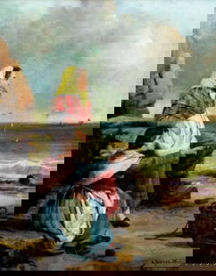 Septimus Dawson (UK,1851-?) oil painting antique: ARTIST: Septimus Dawson (British, 1851 - ???) NAME: Coastal Scene with Two Women YEAR: 1886 MEDIUM: oil on canvas CONDITION: Missing a few flakes of paint. Minor craquelure. No visible inpaint under