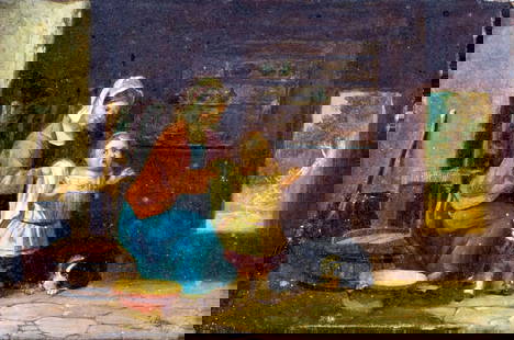 J Bergone (Europe,19C) oil painting antique: ARTIST: J Bergone (European, 19 century) NAME: The Bath YEAR: 1887 MEDIUM: oil on board CONDITION: Overall good. No visible inpaint under UV light. SIGHT SIZE: 8 x 12 inches / 20 x 30 cm FRAME SIZE:
