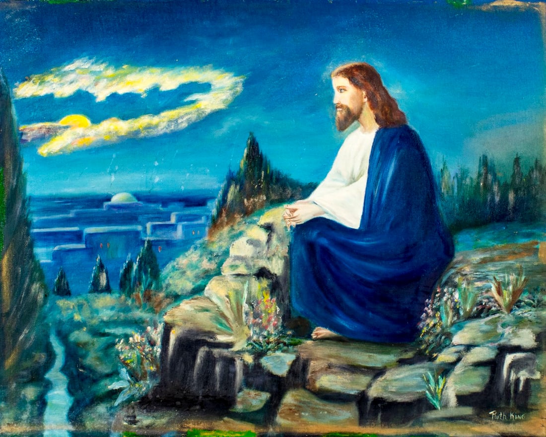 Ruth King (NY,IL,20C) oil painting: ARTIST: Ruth King (New York, Illinois, 20 century) NAME: Jesus Christ Over Jerusalem YEAR: 1955 MEDIUM: oil on canvas board CONDITION: Very good. Some inpainting along ed