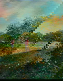 D'Angelo (Europe,20C) oil painting: ARTIST: D'Angelo (European, 20 century) TITLE: Golf Players MEDIUM: oil on canvas CONDITION: Unstretched (In-House stretching available). Minor paint losses. Some craquelure. No visible inpaint under
