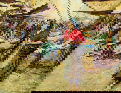 Pitone (Italy,mid 20C) oil painting: ARTIST: Pitone (Italian, mid 20 century) NAME: Market Scene MEDIUM: oil on canvas CONDITION: Minor craquelure. No visible inpaint under UV light. Minor damages to frame. SIGHT SIZE: 20 x