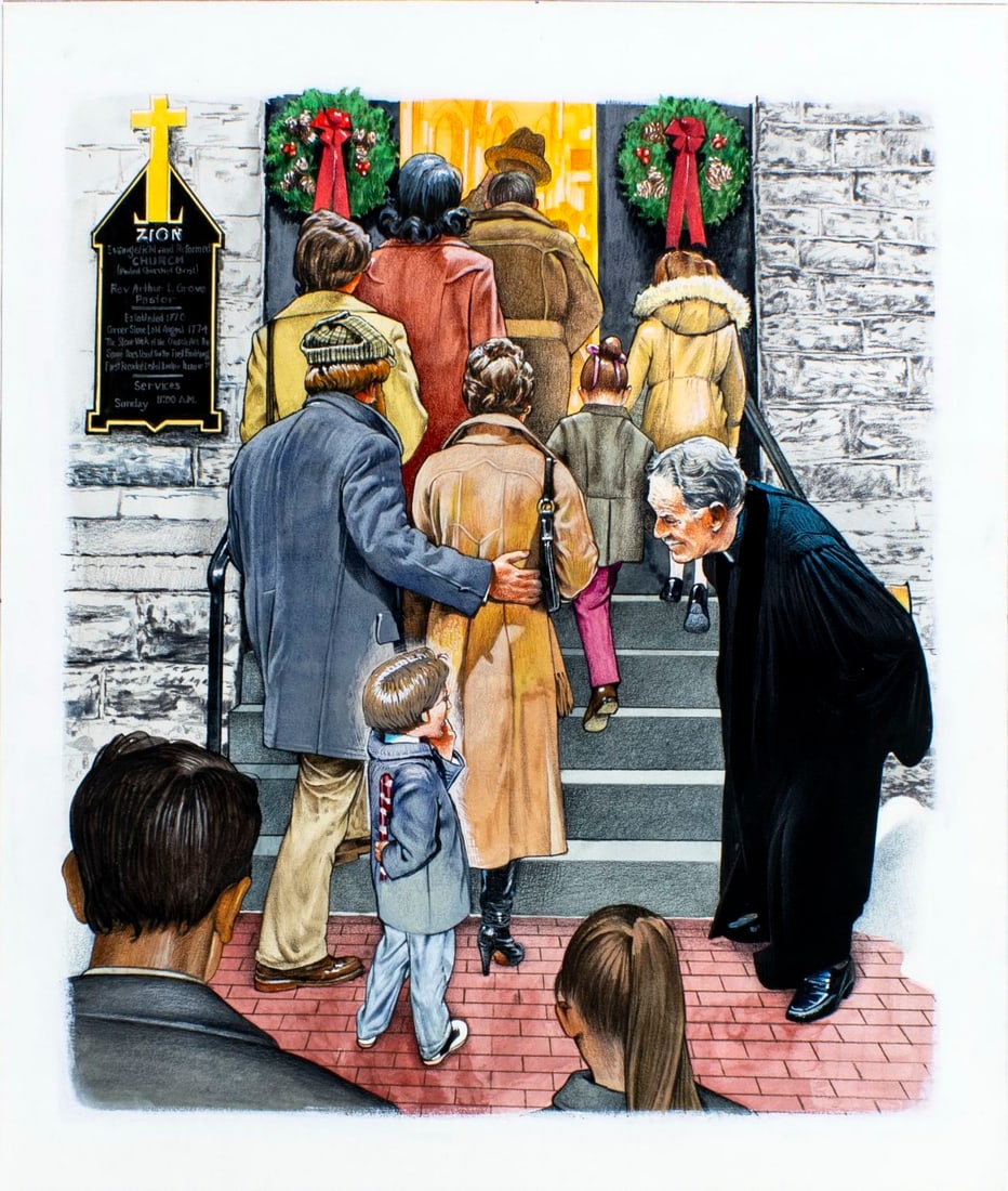 Jim Butcher (MD,1944-?) mixed media painting: ARTIST: Jim Butcher (Maryland, 1944 - ???) TITLE: Family Church Scene (titled on verso) YEAR: 1982 MEDIUM: mixed media on board CONDITION: Minor damage