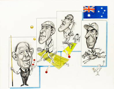Tony Rafty (Australia,1915-2015) mixed media painting: ARTIST: Tony Rafty (Australian, 1915 - 2015) TITLE: Australian Sporting Personalities - Composite (titled on verso) YEAR: 1980 MEDIUM: mixed media on heavy paper CONDITION: Overall good. ART SIZE: