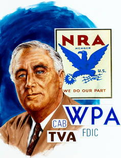 Paul Calle (CT,NY,1928-2010) mixed media painting: ARTIST: Paul Calle (Connecticut, New York, 1928 - 2010) & Chris Calle (American, born 1961) TITLE: 1930s - Franklin Roosevelt, New Deal (titled on verso) YEAR: 1998 MEDIUM: