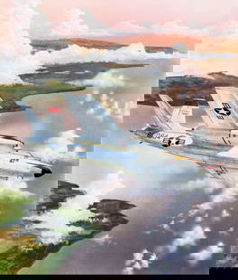 Steve Ferguson (US,b 1946) mixed media painting: ARTIST: Steve Ferguson (American, born 1946) TITLE: Plane - North American B-45 Tornado (titled on label) YEAR: 1991 MEDIUM: mixed media on board CONDITION: