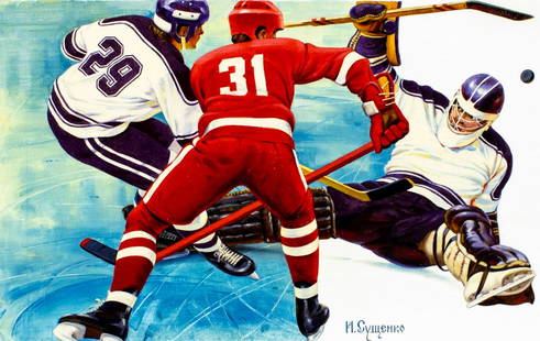Ivan Sushchenko (Russia,1930-?) oil painting: ARTIST: Ivan Akimovich Sushchenko (Russian, 1930 - ???) TITLE: Worlds Salute to Olympics 1992 - Ice Hockey (titled on verso) YEAR: 1991 MEDIUM: oil on paper. Paper applied to board. CONDITION: Very