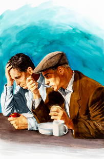 Paul Calle (CT,NY,1928-2010) watercolor painting: ARTIST: Paul Calle (Connecticut, New York, 1928 - 2010) & Chris Calle (American, born 1961) TITLE: 1930s - The Great Depression (titled on verso) YEAR: 1998 MEDIUM: watercolor on board CONDITION: